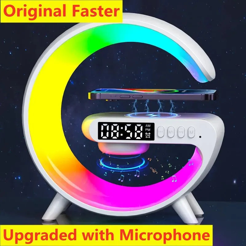 Wireless Charger Pad Stand Speaker TF Card RGB Night Light Lamp Alarm Clock Fast Charging Station Dock for Iphone Samsung Xiaomi