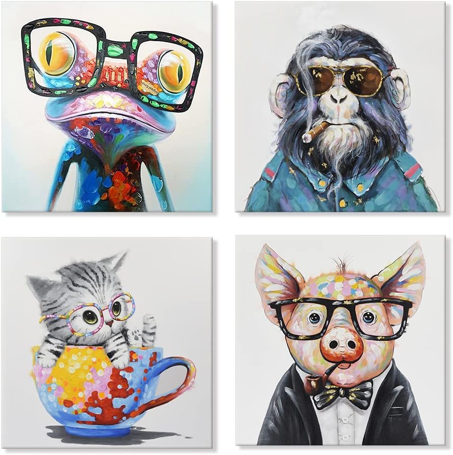 Colorful Animals Wall Art Happy Frog Cat Pig Chimp Canvas Paintings