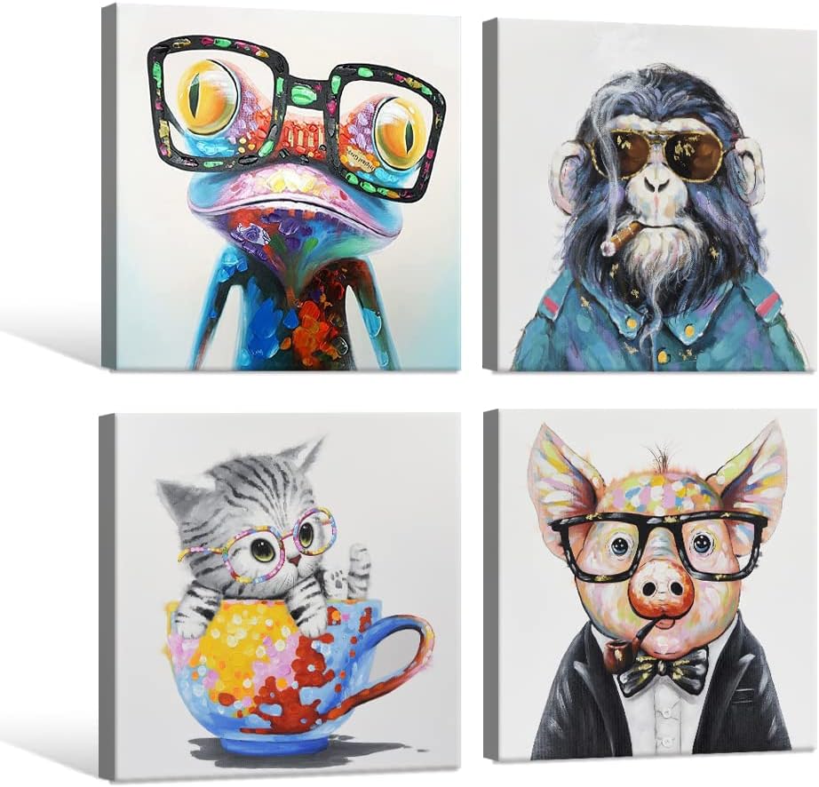 Colorful Animals Wall Art Happy Frog Cat Pig Chimp Canvas Paintings