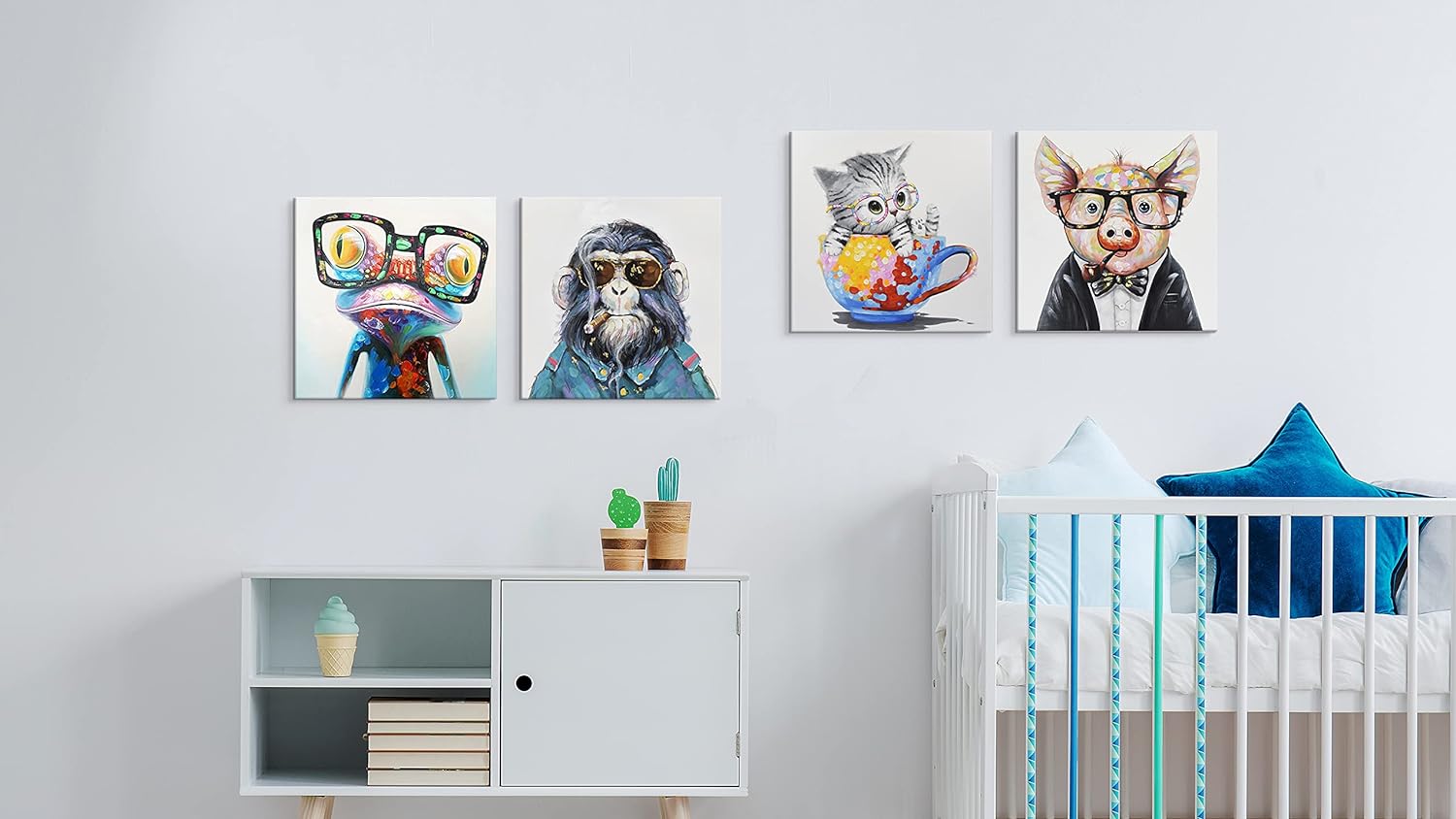 Colorful Animals Wall Art Happy Frog Cat Pig Chimp Canvas Paintings